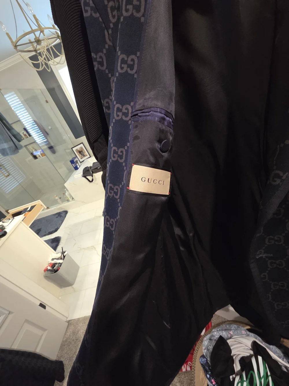 Gucci Navy and Gray Monogram Jacquard Blazer Size 58 (GUCCI)